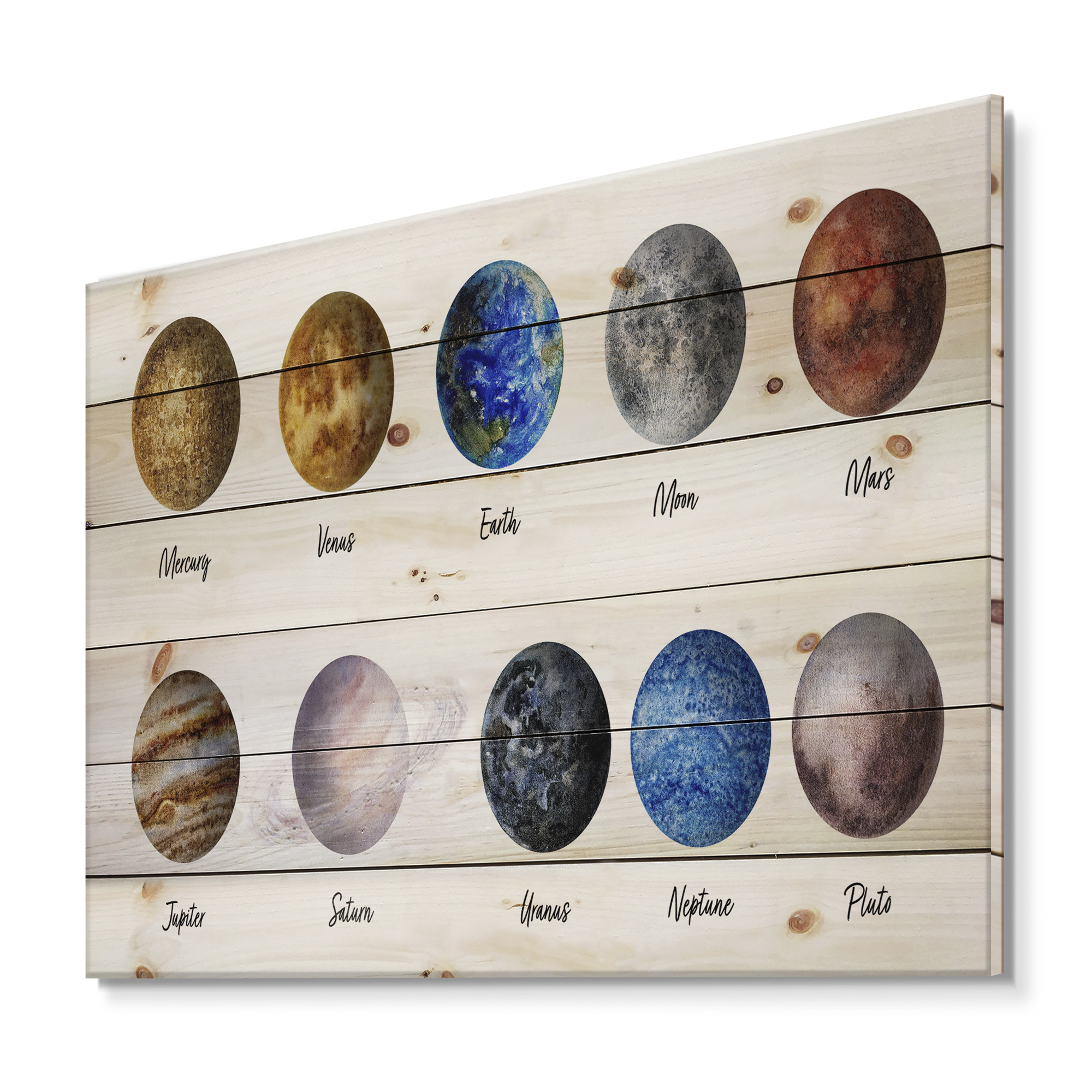 Designart 'All Planets United On White' Modern Print on Natural Pine Wood