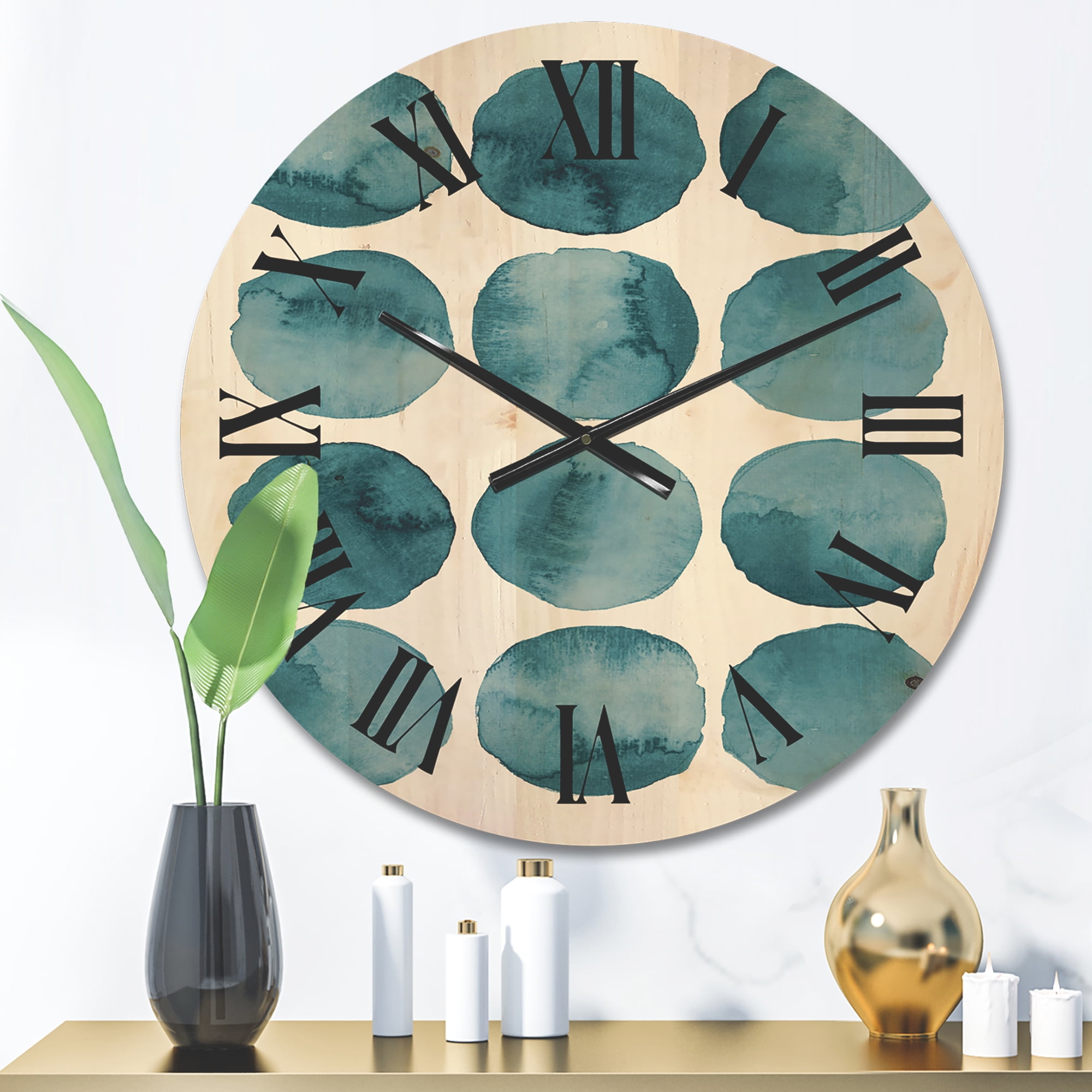 Designart 'Blue Aquamarine Circles Geometric Elements' Modern Wood Wall Clock