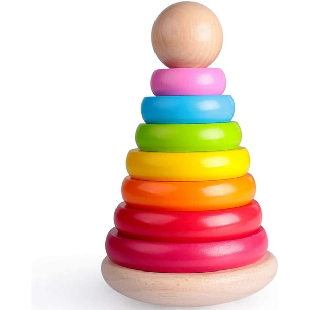 Tour d'empilage en bois, anneau pyramidal coloré avec 7 pièces en bois  bouton empilable jeu tri pile jouets empilables tri pile jouets empilables  meilleur cadeau d'anniversaire pour 123 ans et plus 