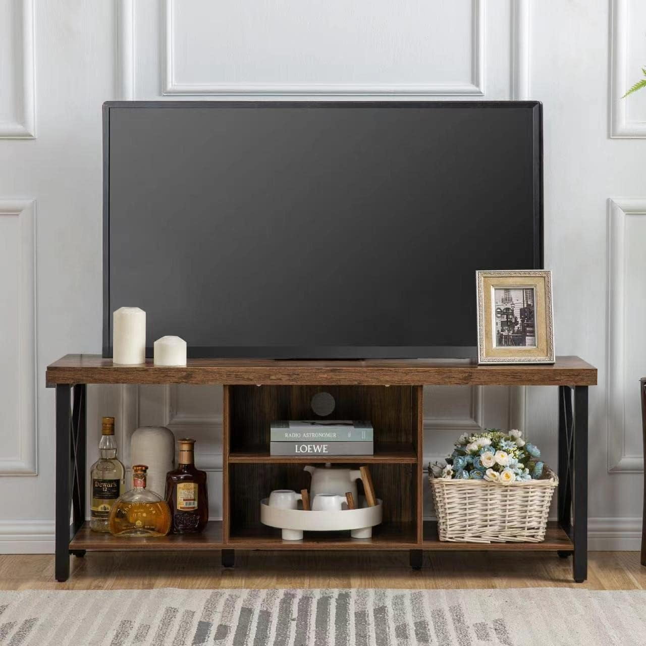 Reliancer Farmhouse TV Stand for TVs up to 55", with 4 Number of Shelves, Open Storage, Rustic Brown