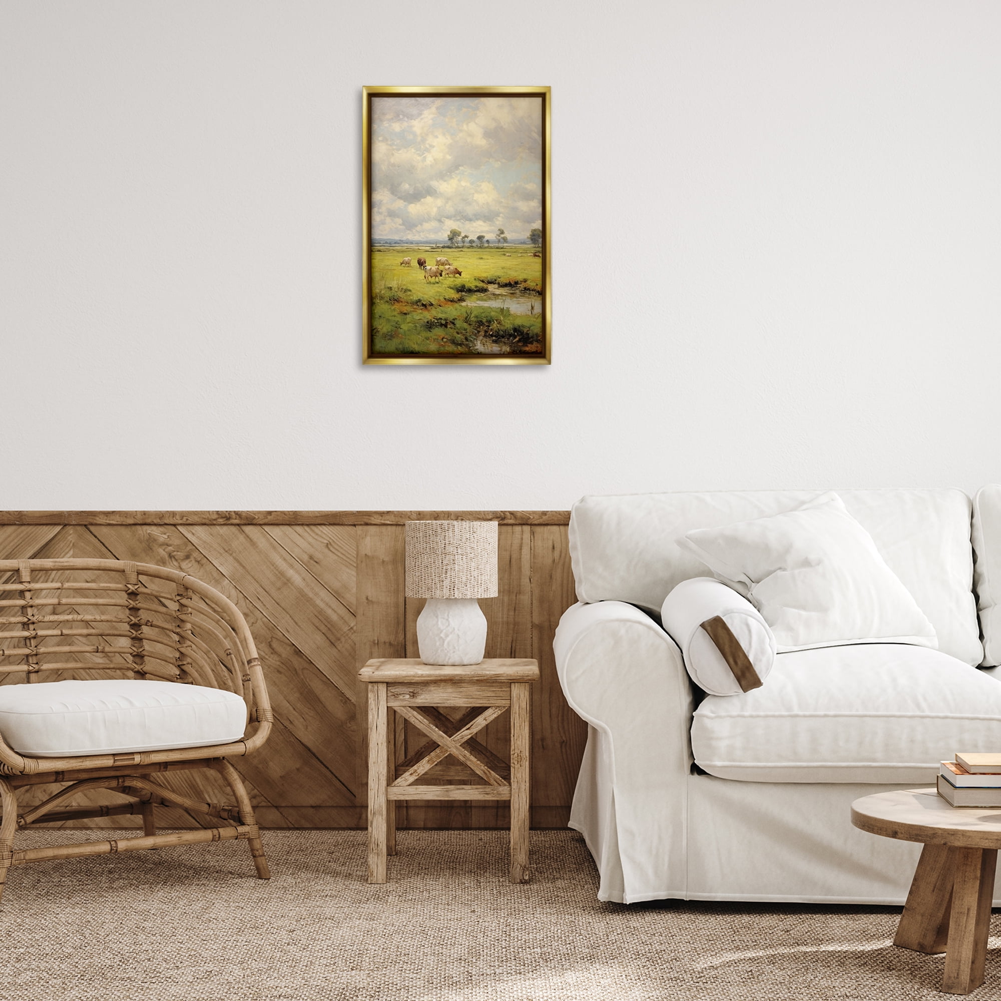 Stupell Industries Grazing Cows Countryside Landscape Painting Gold Floater Framed Canvas Art Print Wall Art, 17 x 25