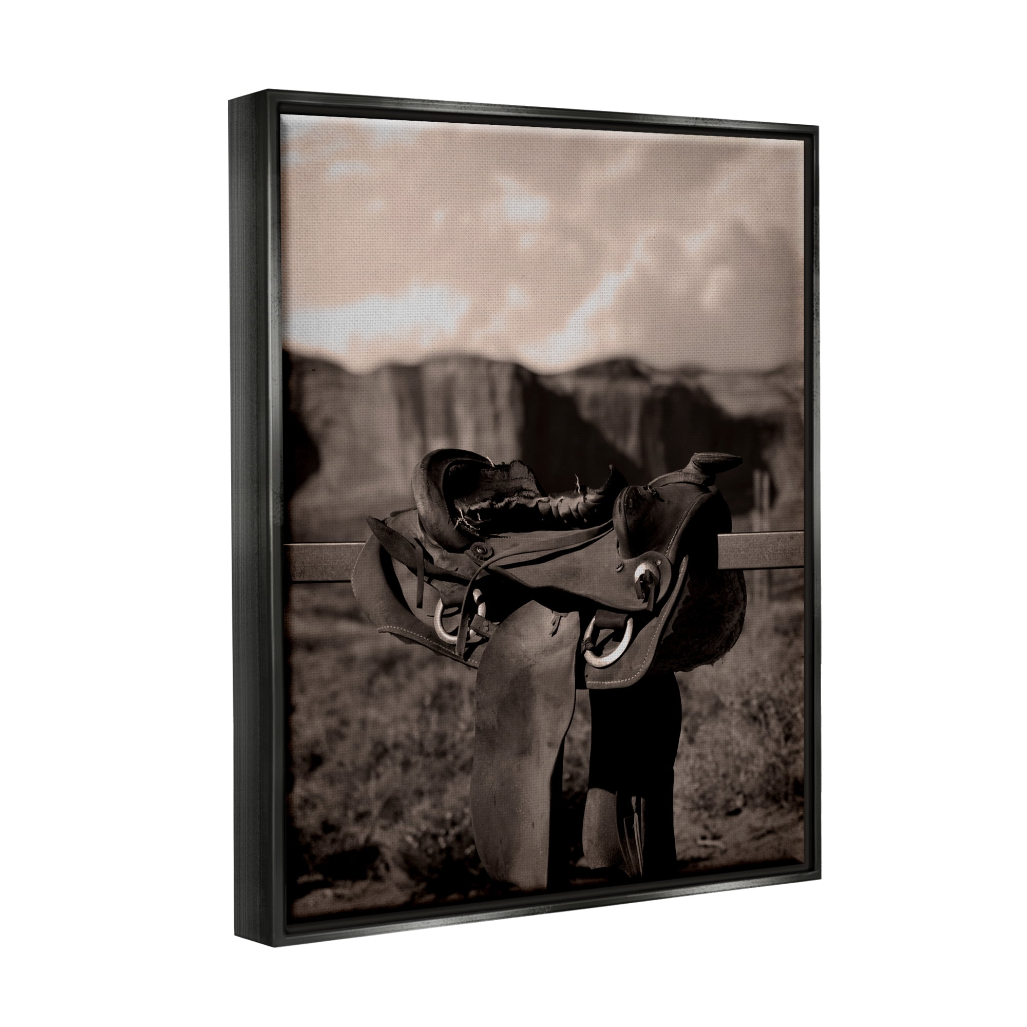 Stupell Industries Horse Saddle in Desert Landscape Photography Black Floater Framed Canvas Art Print Wall Art, 17 x 21