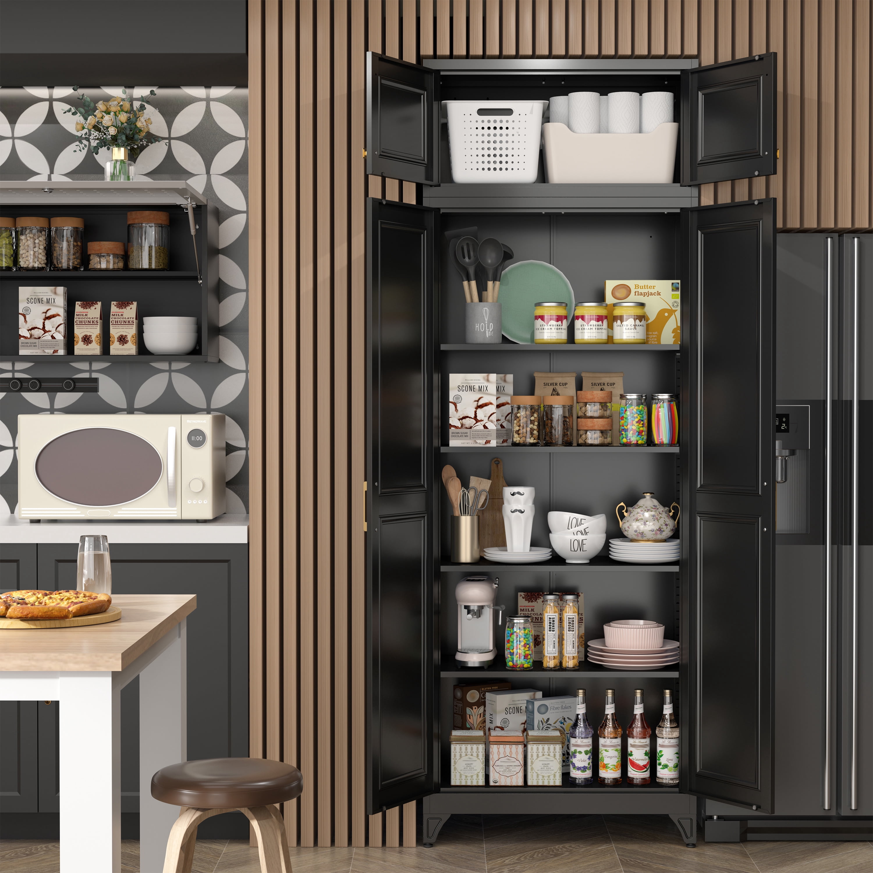 SteeLoong 90"H Black Modern Metal Pantry Storage Cabinet with Doors and 4 Adjustable Shelves for Living Room Kitchen and Home