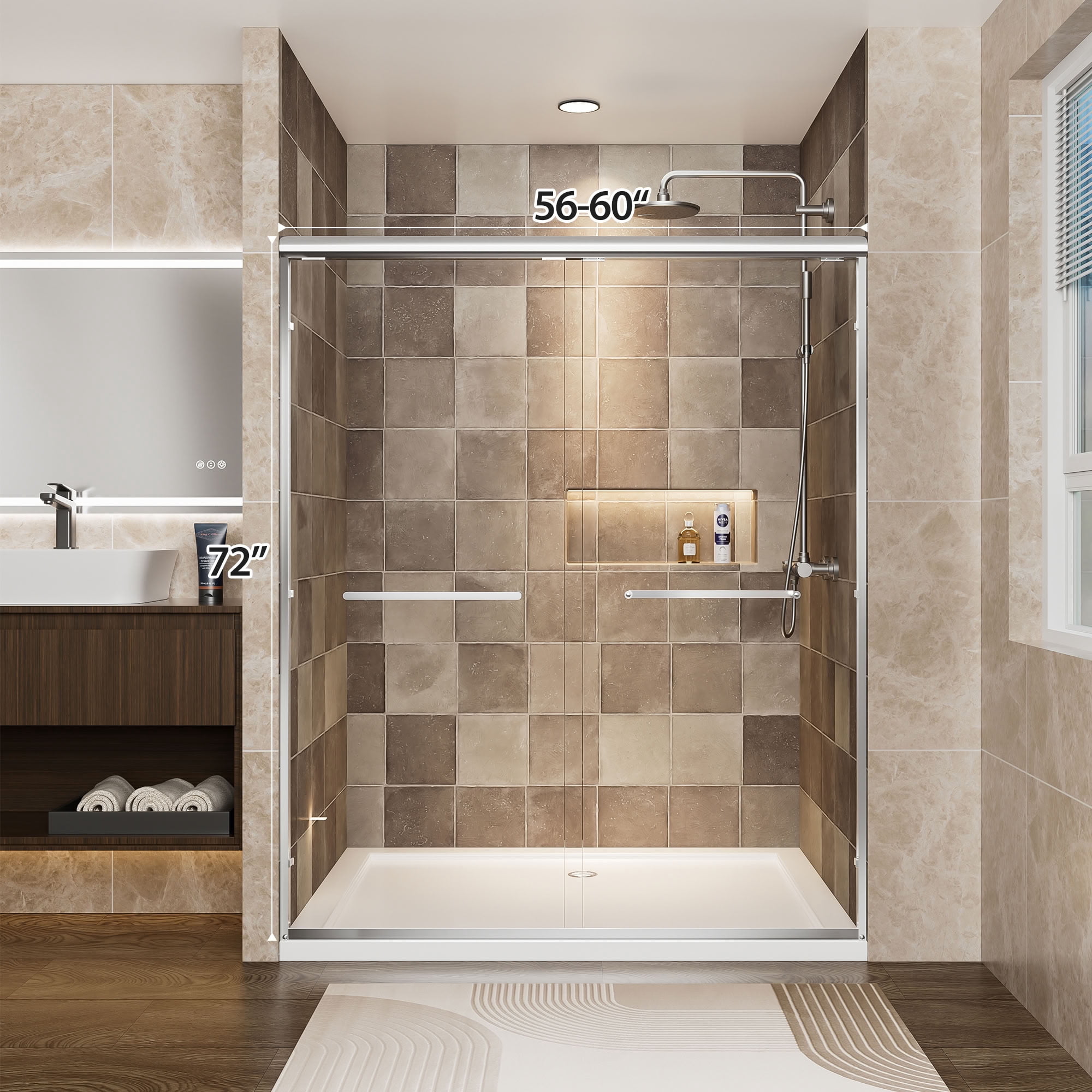 MAYEERTY Double Sliding Shower Door, 1/4" Tempered Safety Glass with Explosion-Proof Film, Waterproof & Reversible Installation