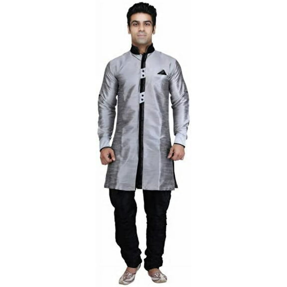 Royal Kurta Men's Raw Silk Indo Sherwani (Silver, 44)