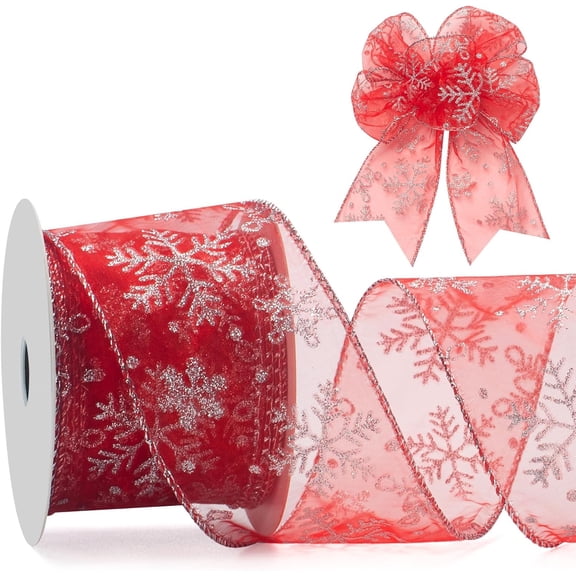 Snowflake Glitter Wired Ribbon for Christmas Tree, Gift Wrapping, 2.5 Inch x 10 Yards Sheer Organza Ribbon with Glitter Snowflake Pattern for Crafts, Bows Making, Garlands