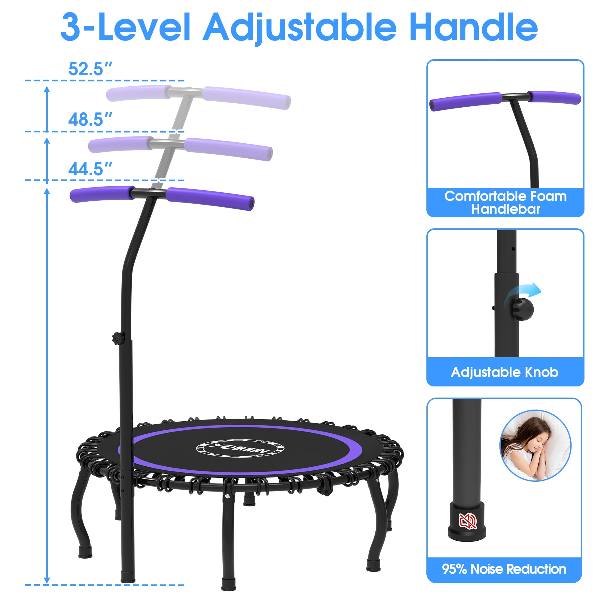 YORIN Rebounder Foldable Trampoline for Adults, 330LBS Fitness Indoor Trampoline, 50" 40" 48" Mini Exercise Trampoline with Bungees, 3 Level Adjustable Foam Handle Bar, Stable Quiet Small Trampoline