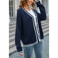thumbnail image 3 of Contrast Varsity Striped Button Up Cardigan Sweater Long Sleeve for Women Navy Large, 3 of 5