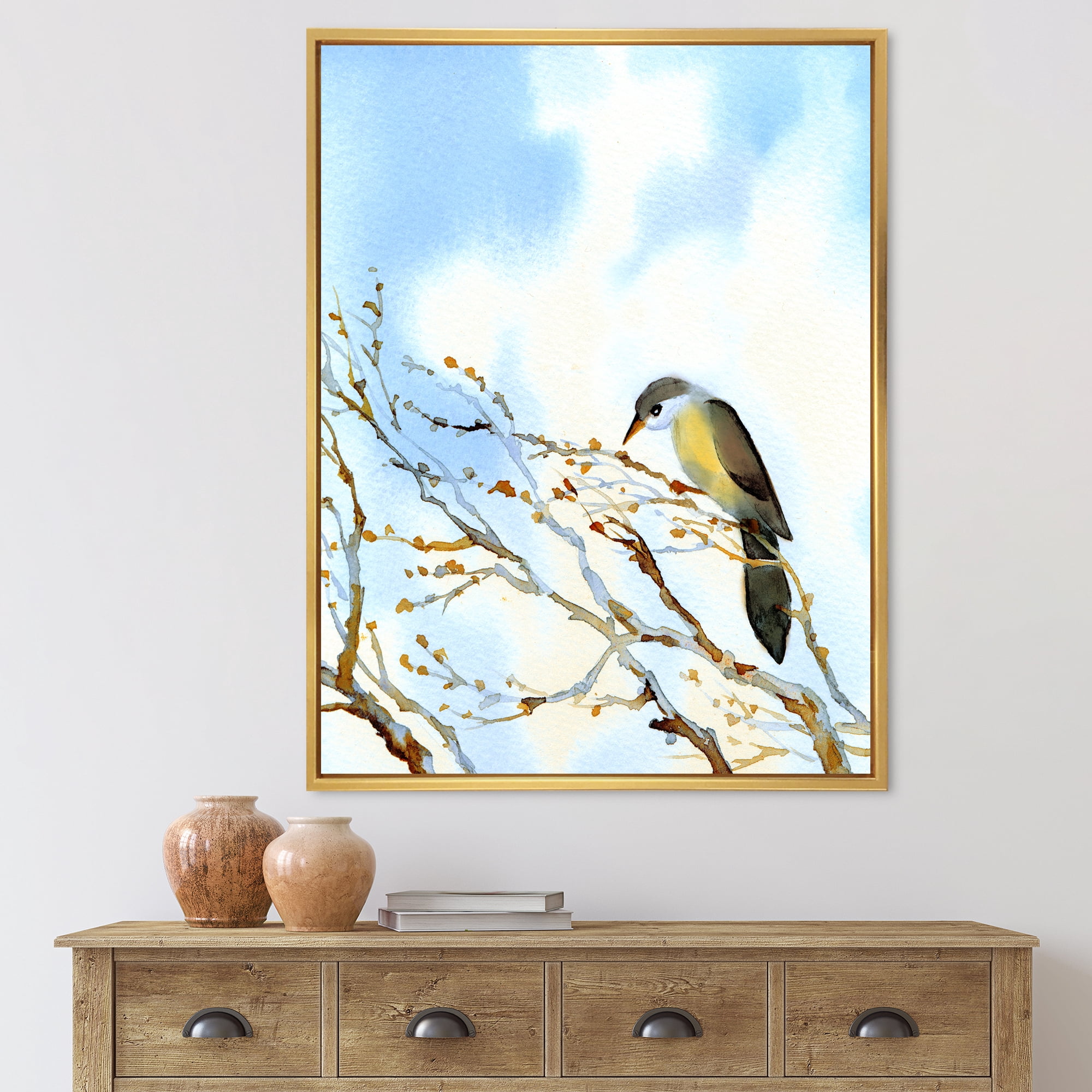 Old Bird Sitting On Tree 12 in x 20 in Framed Painting Canvas Art Print, by Designart