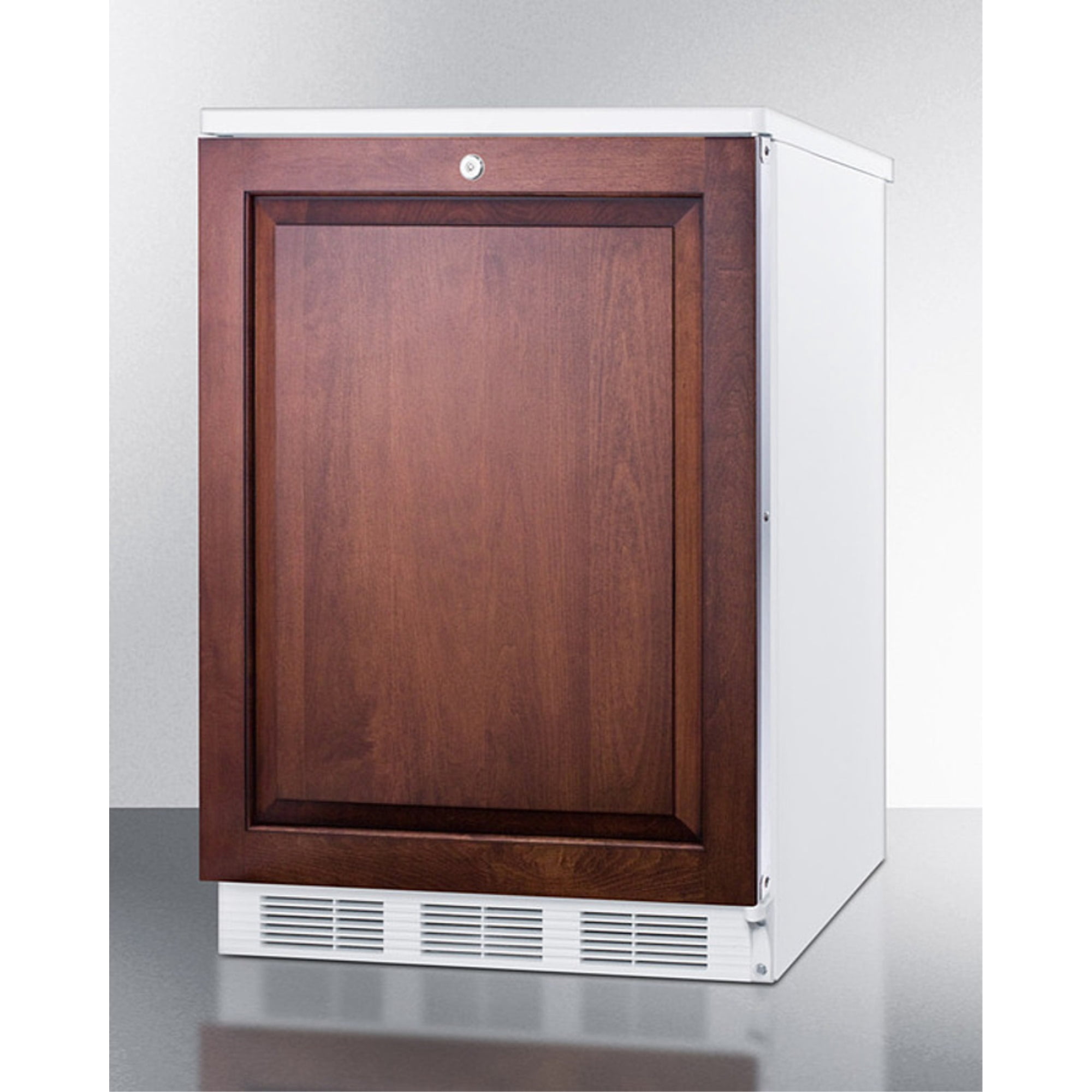 Commercially approved built-in undercounter all-refrigerator with auto defrost, deluxe interior, and front lock; capable of accepting full overlay panels