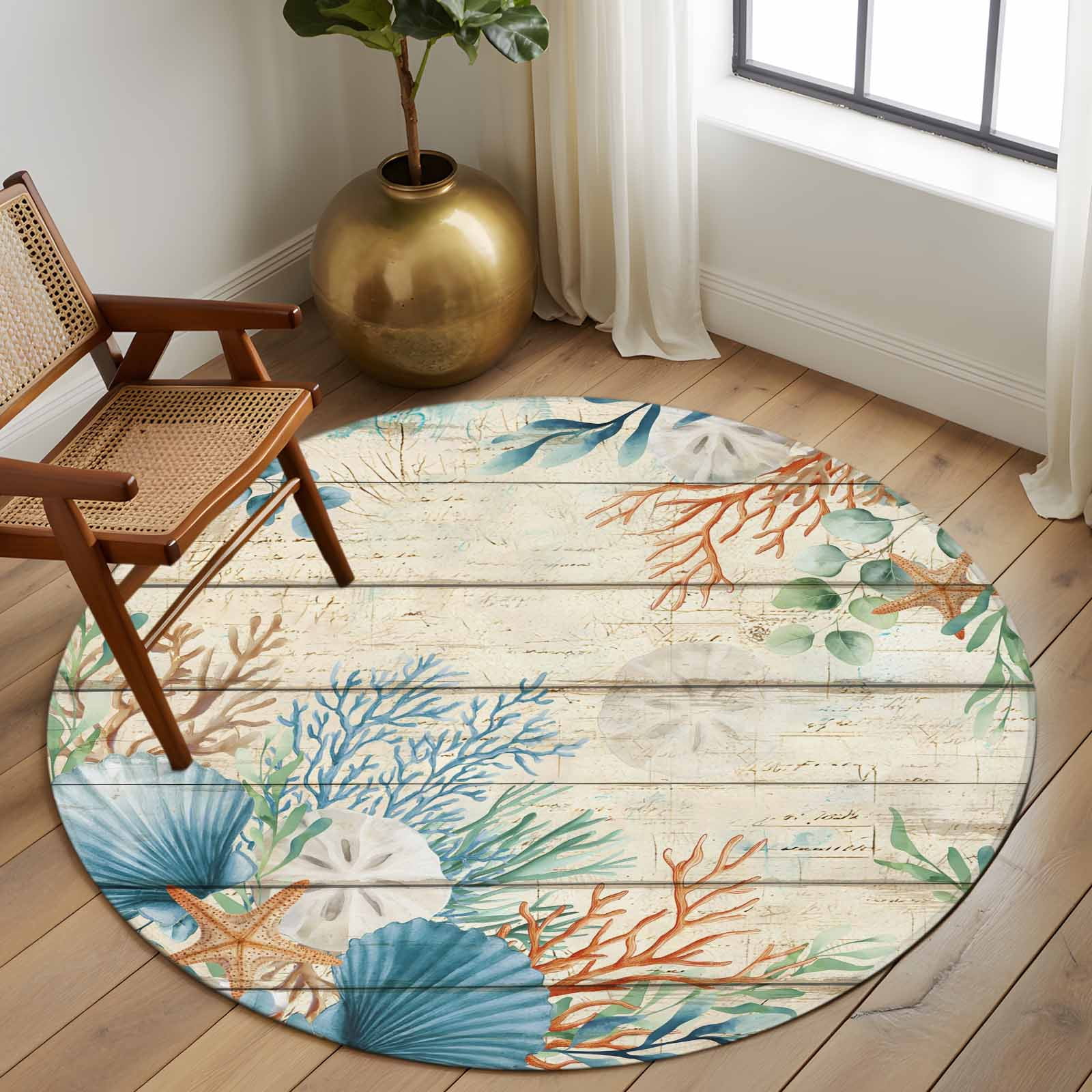 Large Round Rug 8Ft Washable Non-Slip, Beige Beach Coastal Circle Area Rugs for Living Room Bedroom, Summer Nautical Coral Shell Botanical Vintage Indoor Floor Mats Carpet Runner for Home Decor
