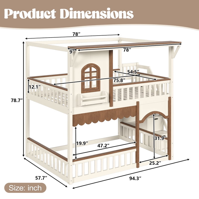 Full-Over-Full Wood Storage Bed Frame with Staircase & Small Bookshelf, Kids House Bunk Bed with Window, Eave & Door