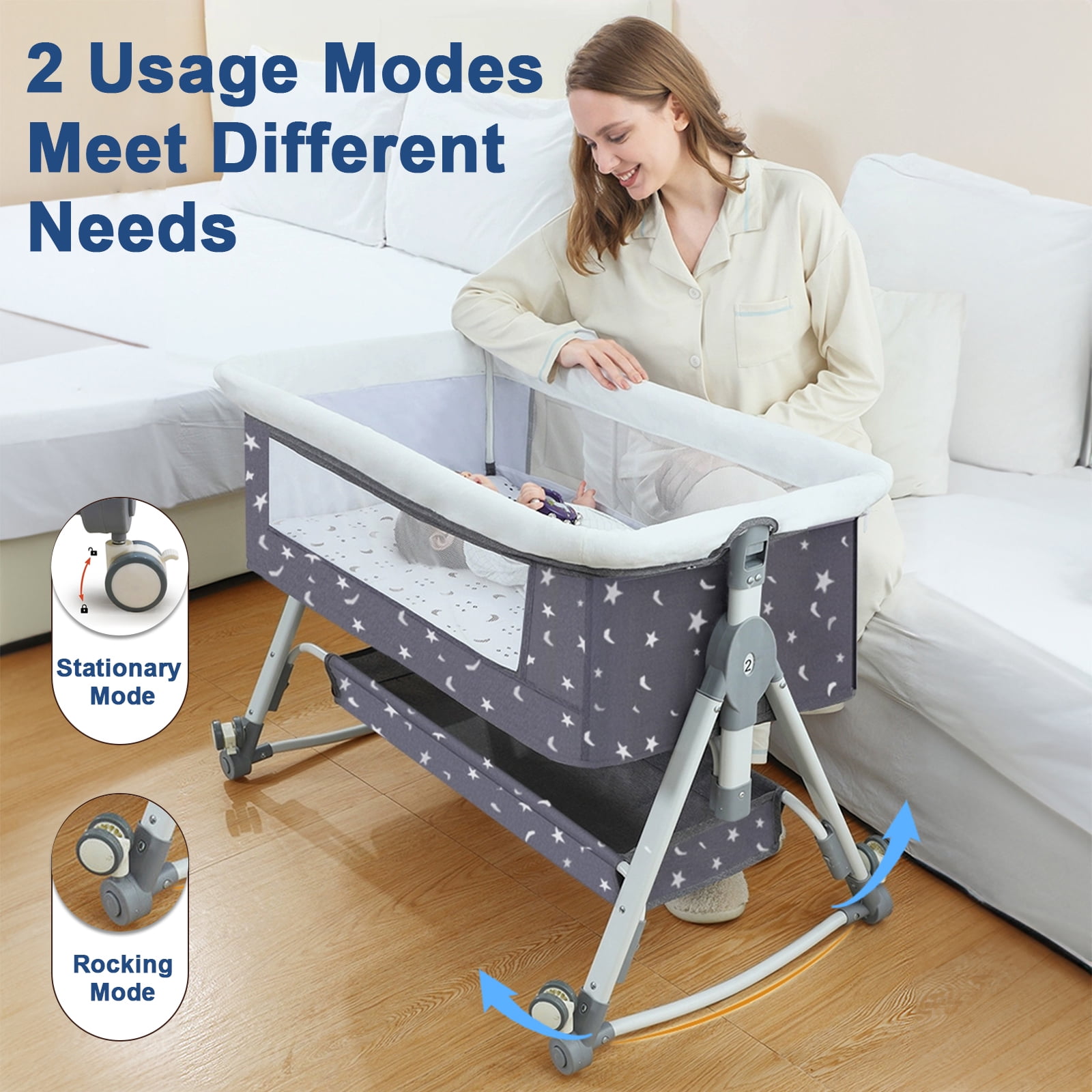 EONROACOO Foldable Baby Bassinet with Changing Table, Adjustable Bedside Crib for Infant, Moyan Starry Sky