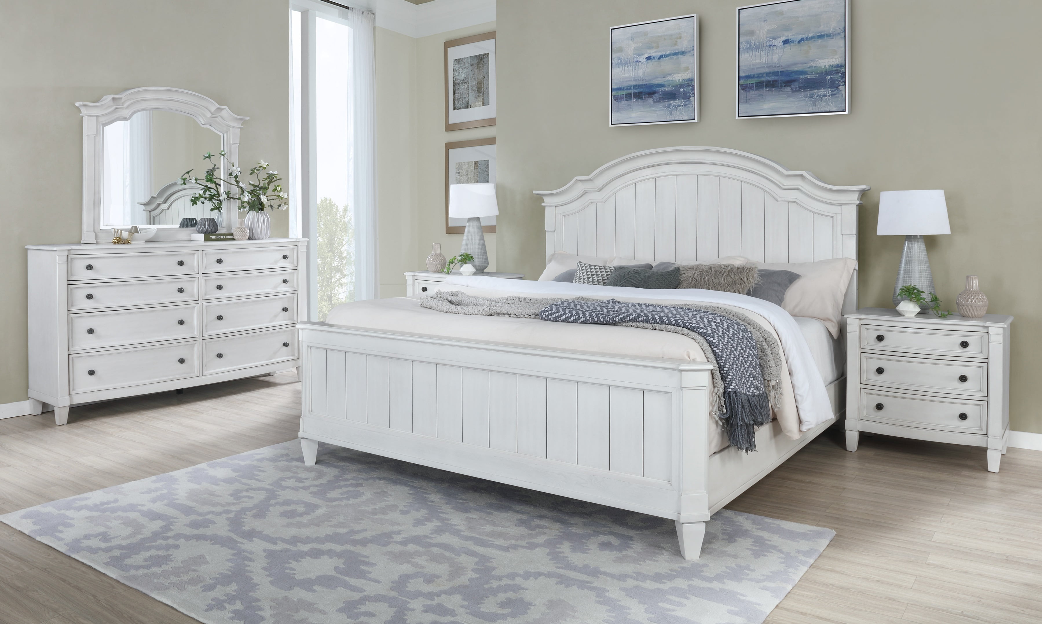 MYRA 5 pieces Modern White Bedroom Set with King Bed Dresser Mirror Nightstands 