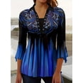 thumbnail image 2 of Spring And Autumn New Printed Lapel Blue Three-quarter Sleeve T-shirt Irregular Cuff Button Top, 2 of 4