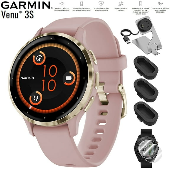 Garmin 010-02785-03 Venu 3S Health Fitness GPS Smartwatch Gold Steel Bezel with Dust Rose Case 41mm Bundle with Deco Essentials Charging Dock, Dust Cover 3 Pack and 2-Pack Screen Protector