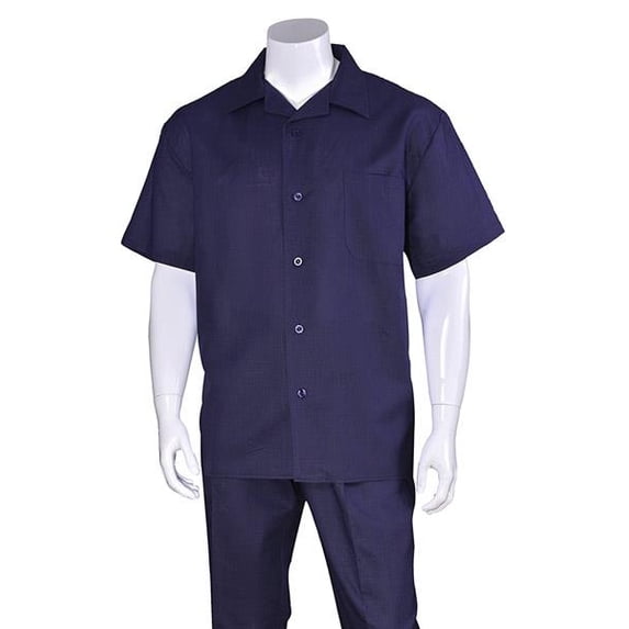 Men's Dark Navy 100% Linen Short Sleeve Plain Casual Casual Two Piece Walking Outfit For Sale Pant Sets Suit With Pleated Pant
