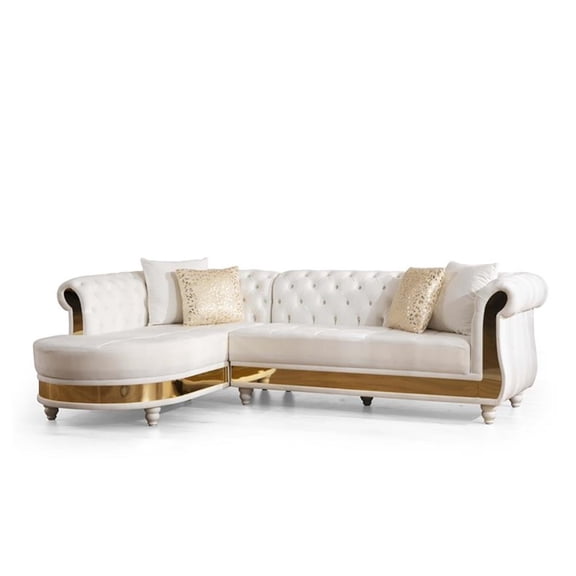 Pemberly Row Gold Detailed Tufted Upholstery Sectional made w/ Wood - Off White