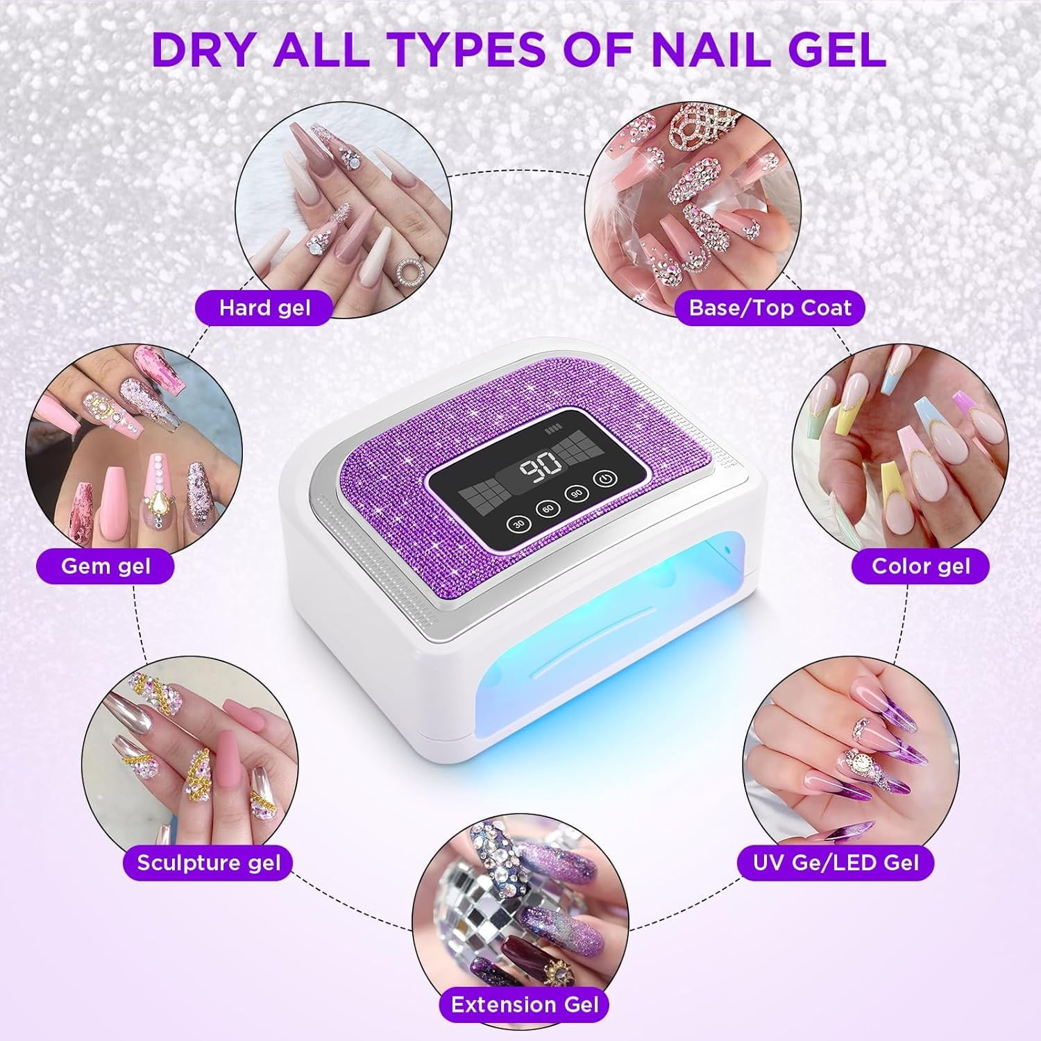 Cordless Nail Lamp, Rechargeable UV Nail Lamp for Gel Nails, LED Nail Lamp with 4 Timer Modes, Gel Nail Light Decorate with Sparkling Nail Rhinestones Diamond