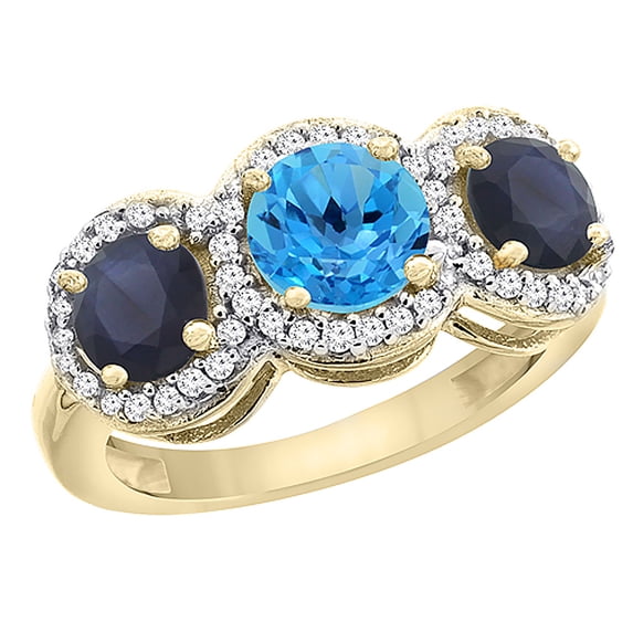 10K Yellow Gold Natural Swiss Blue Topaz & High Quality Blue Sapphire Sides Round 3-stone Ring Diamond Accents, size 5