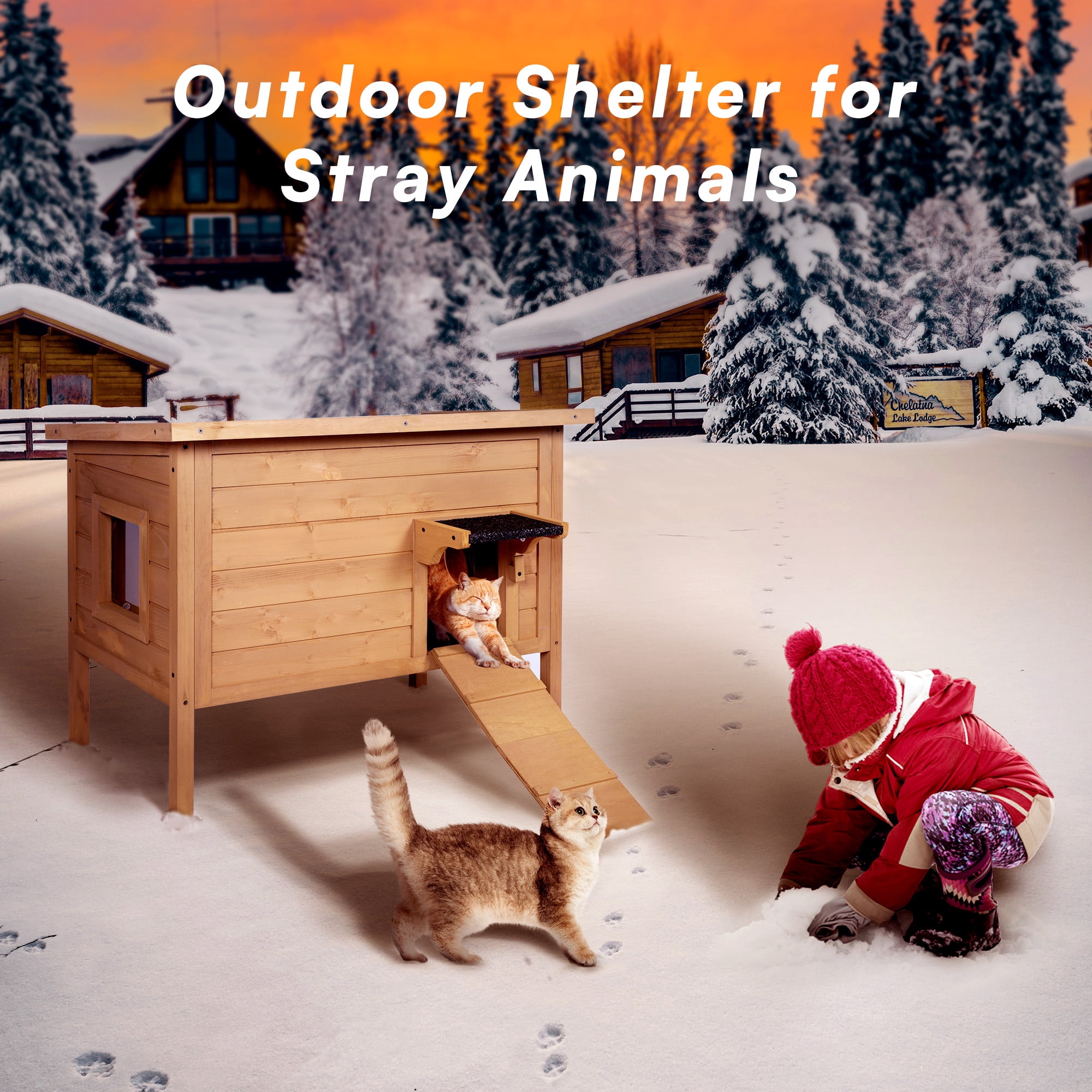 IVY&LANE Outdoor-Cat-House,Insulated-Feral-Cat-Shelter,Weatherproof,for Winter,Foam & Wood,Large,for Multiple Cats,Fold-up Stair,Acrylic Window,Brown