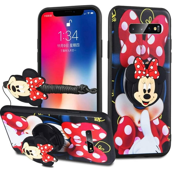 Galaxy Note9 Case - Minnie Mickey Mouse Cartoon Case Soft Silicone TPU Shockproof Case with Phone Holder Stand and Detachable Long Lanyard for Girls Boys (Red, Note9)