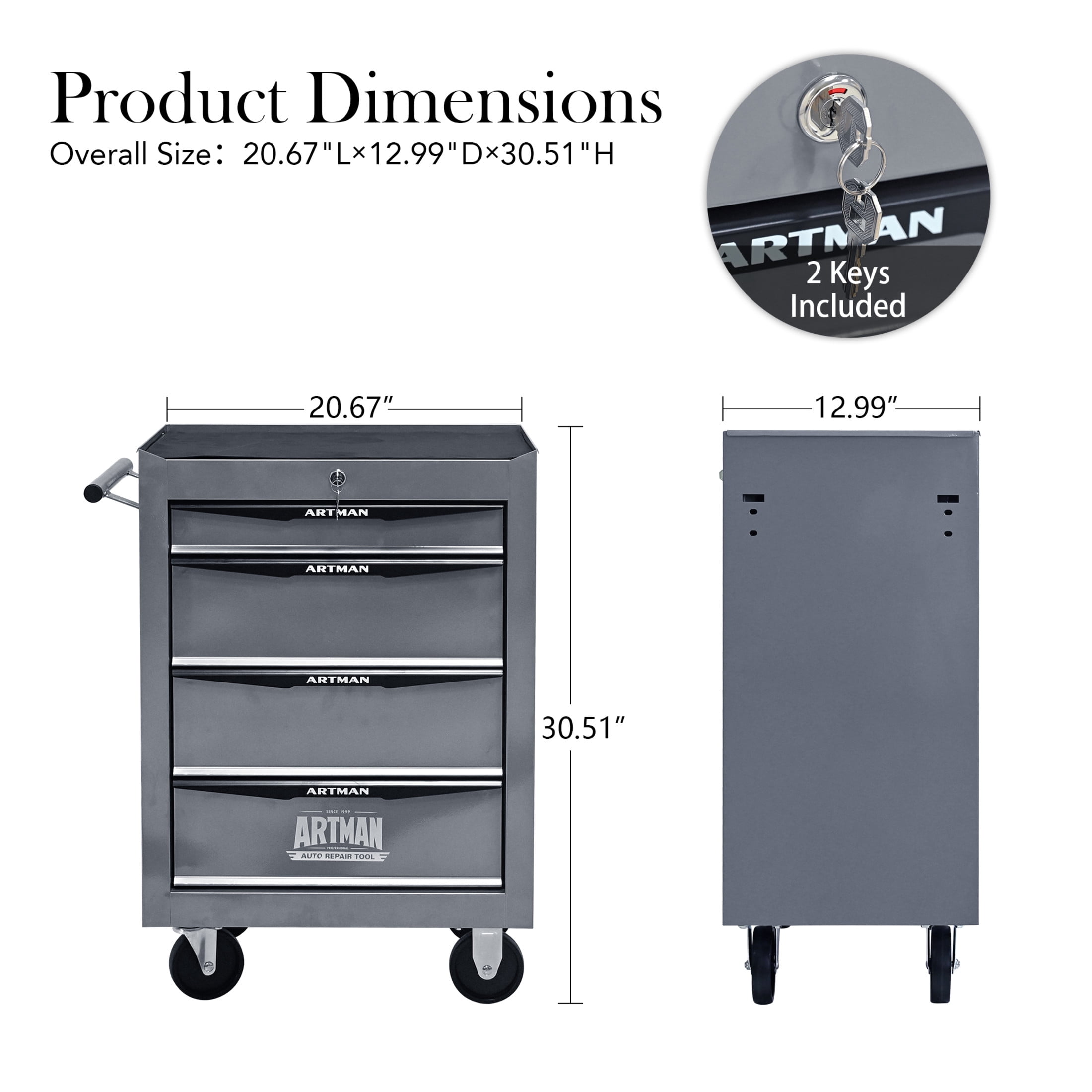 Noble House 4-Drawer Mobile Steel Tool Organizer with Key Lock, Ball Bearing Slide Storage Cabinet Box, Silver