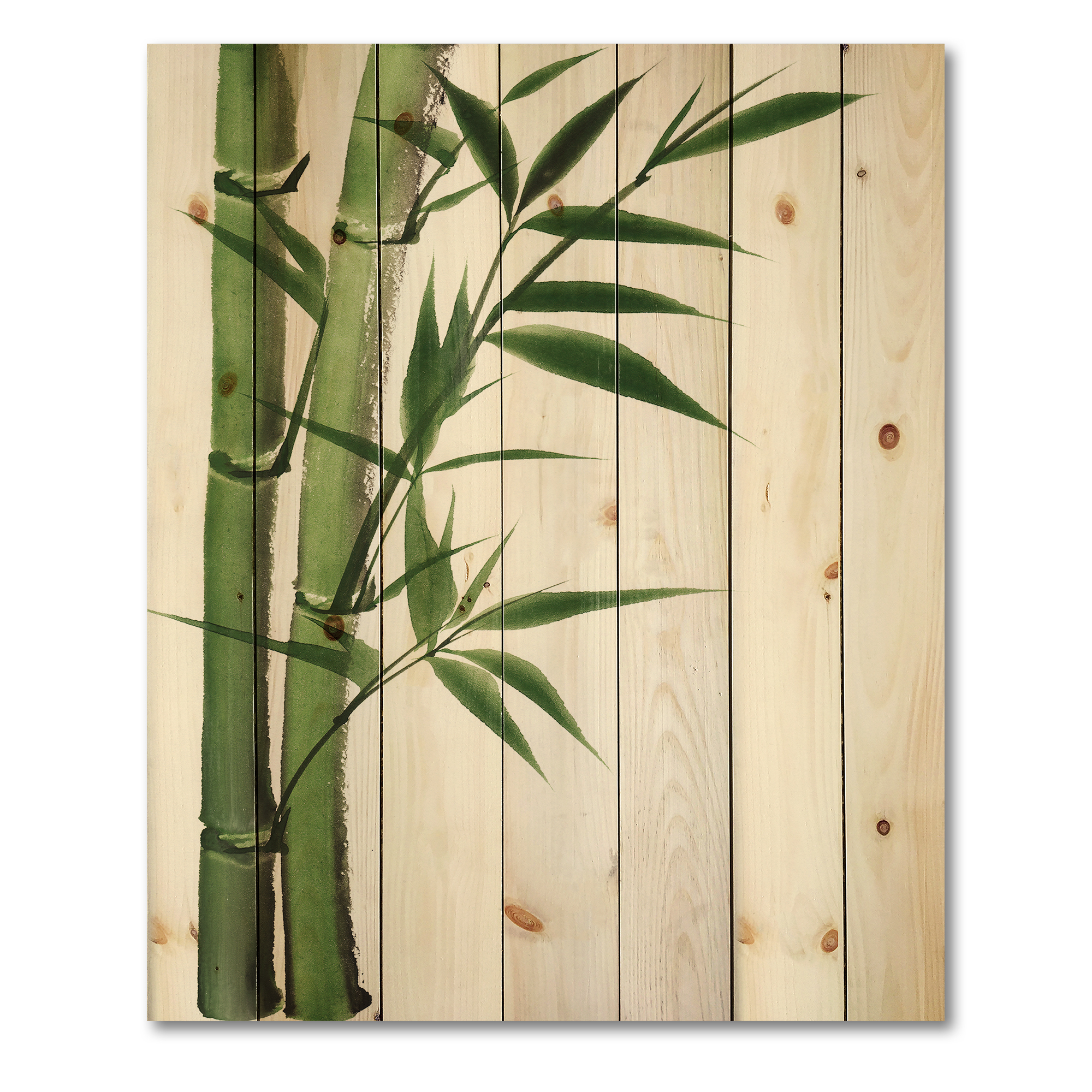 Designart 'Detail of Dark Green Bamboo and Leaves I' Traditional Print on Natural Pine Wood