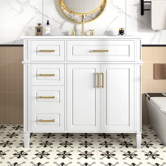 36" Bathroom Vanity with Sink, Freestanding Bathroom Storage Cabinet with 4 Drawers and 2 Soft-Closing Doors, Undermount Rectangular Ceramic Sink, Easy Assembly, White