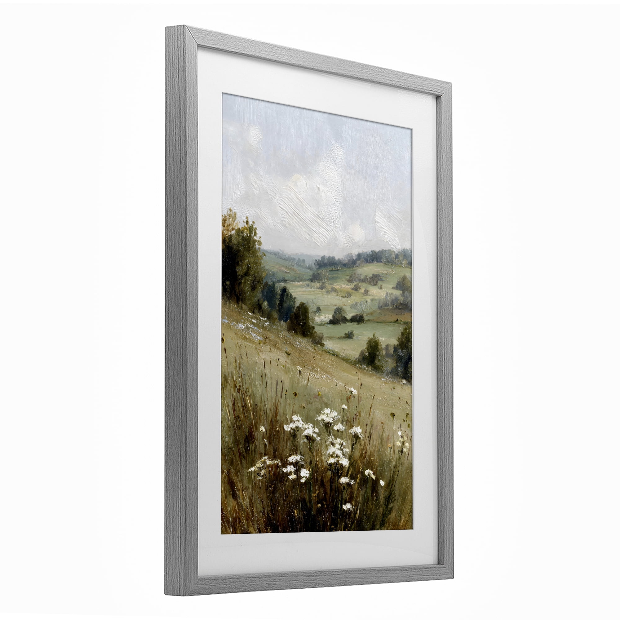 Stupell Industries Hill of White Flowers Gray Framed Print Under Glass, design by Petal Prints Design