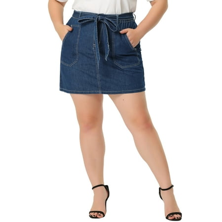 MODA NOVA Juniors Plus Size Tie Elastic Waist Button Denim Mini Skirt Blue 3X