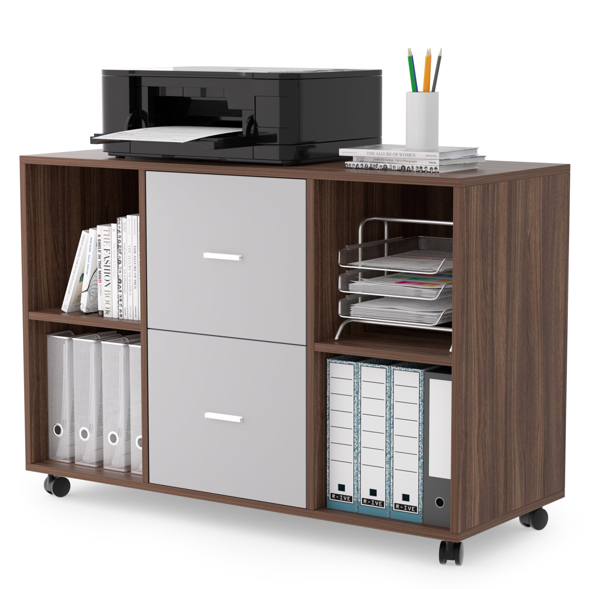 Resenkos File Cabinet 2 Drawers Wooden Lateral Filling Cabinet with Lock Mobile for Home Office Printer Stand with 4 Open Storage Shelves,Walnut-light gray Resenkos File Cabinet 2 Drawers Wooden Lateral Filling Cabinet with Lock Mobile for Home Office Printer Stand with 4 Open Storage Shelves,Walnut-light gray