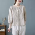 thumbnail image 4 of Mittory Summer Tops for Women Dressy Casual Linen Embroidery Blouse Crew Neck Tunic Elbow Sleeve Shirts, 4 of 4