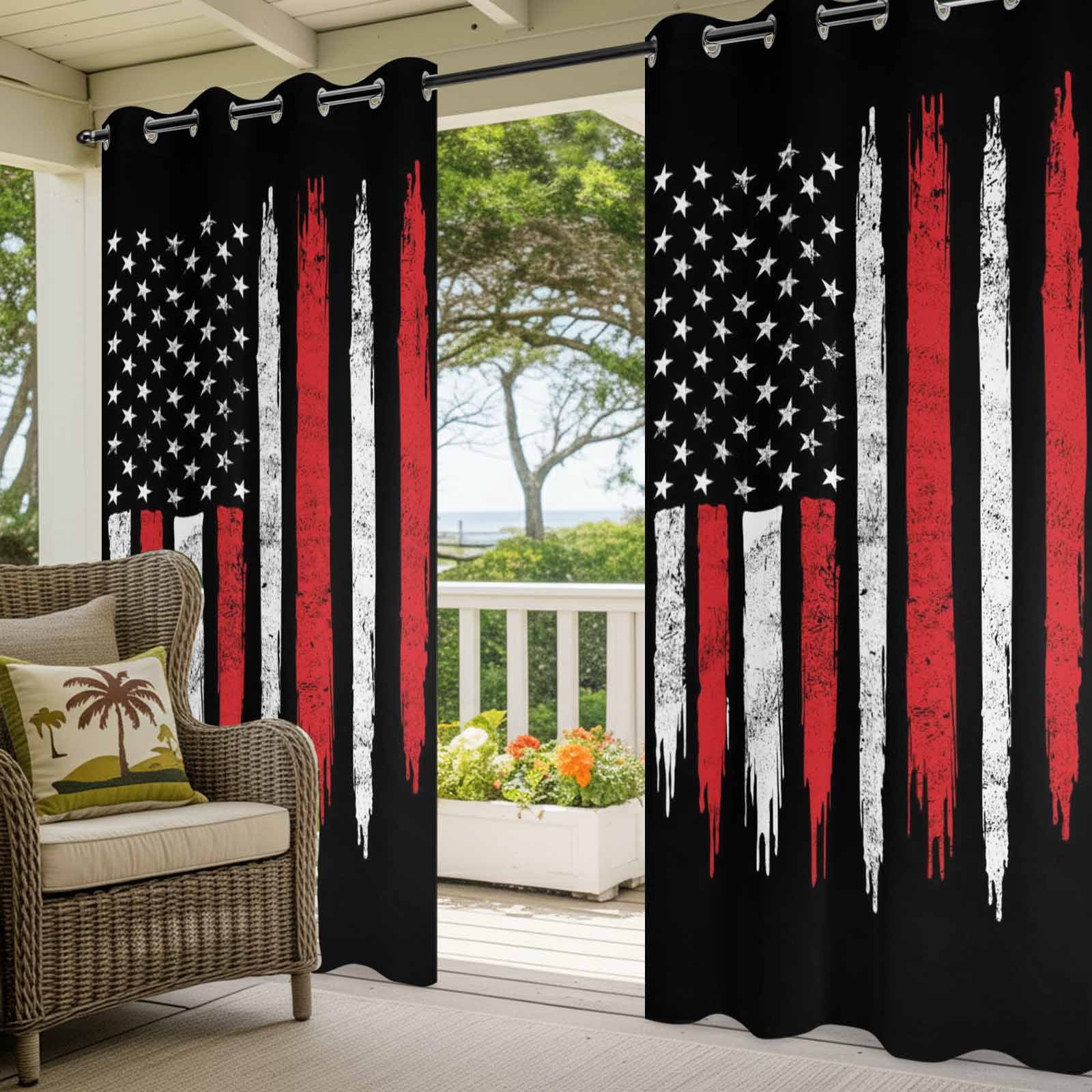 Independence Day Outdoor Curtains for Patio, USA Red White Star Stripes Black Sunshade Privacy Drapes Grommet Waterproof Outside Curtains for Porch/Cabana/Balcony 54"x 108", 1 Panel