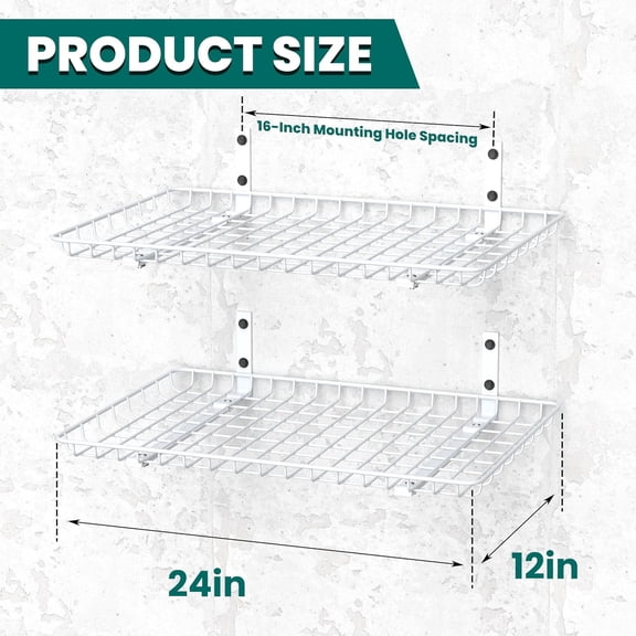 Garage Wall Shelves 12x24 Inch, Wall Mounted Storage Shelf, Metal Shelf Rack, Heavy-Duty Shelf Organizer 2 Pack, White