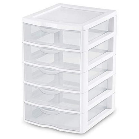 5 Unit Plastic Shelves Drawer Organizer Shelving Storage Set Solution Stackable With Clear Drawer Handles for Home Office School Kids Cabinets Dresser Makeup Accessory Utility Tool -White/Clear (6)