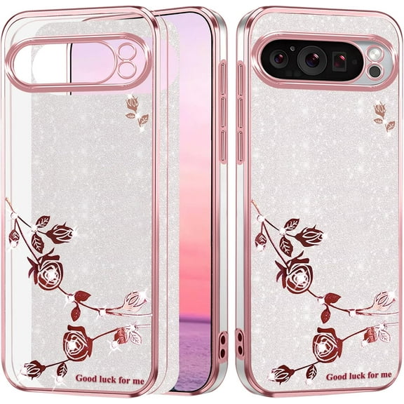 for Google Pixel 9 Pro XL Case Clear Glitter Shiny Aesthetic Google Pixel 9 Pro XL Phone Case Silicone Soft Floral Transparent Shockproof Cover Purple Slim for Women (Silver-Pink)