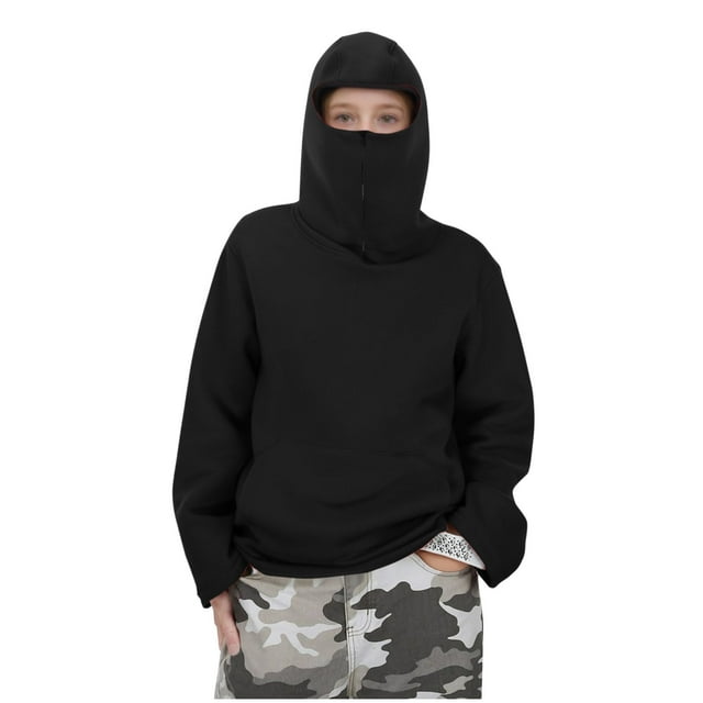 Chandail à Capuchon de Sport Décontracté pour Enfants à Manches Longues, Couleur Unie, avec Masque et Poches, Haut d'Extérieur pour l'Hiver