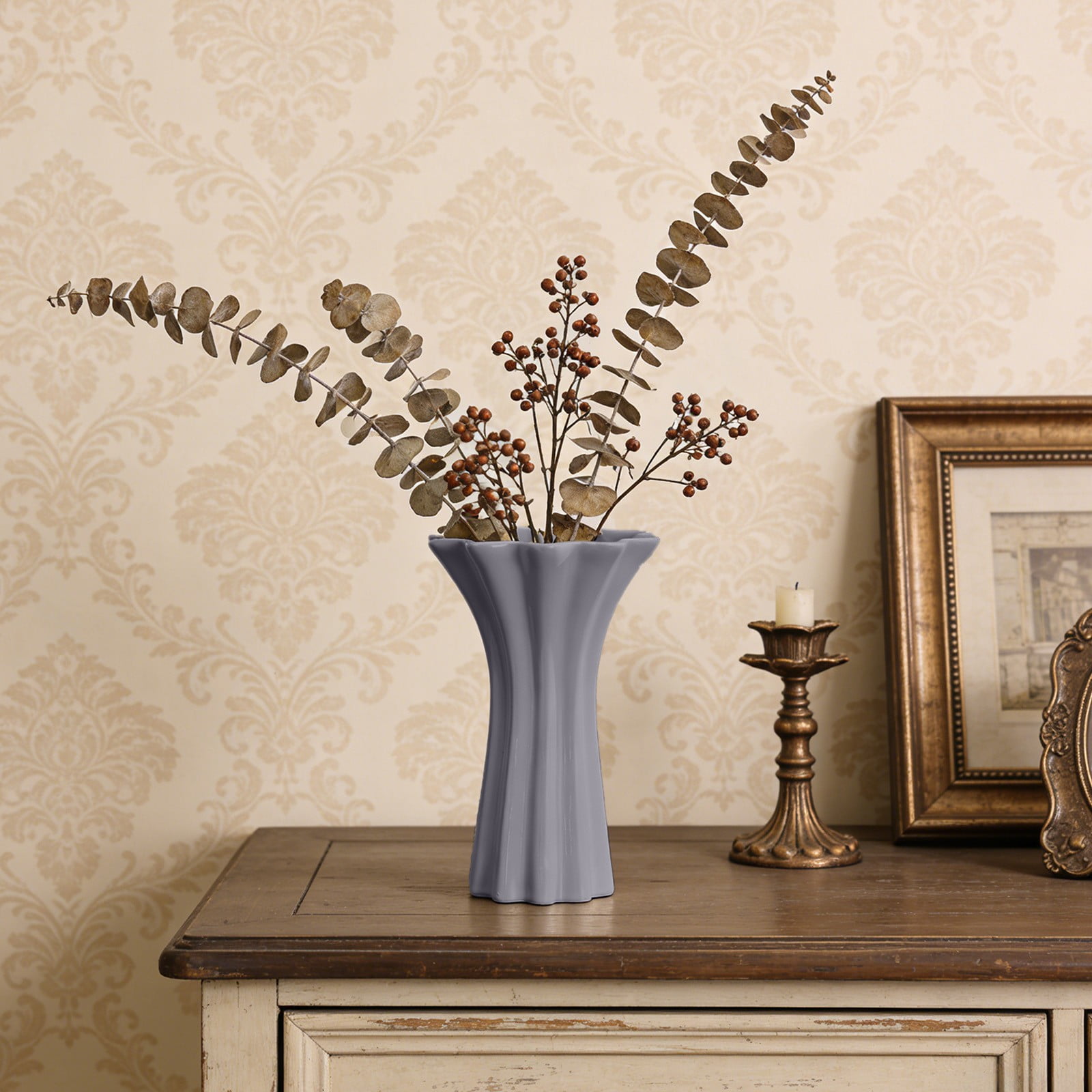 D Compact Purple Striped Plastic Vase For Dry Plants Pampas Grass Decoration For Coffee Table Office Desk Home Decor Accent