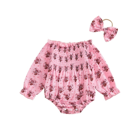Miaouyo Baby Girl Bow Football Romper Shirred Long Sleeve Romper with Bow Headband 2 Piece Set