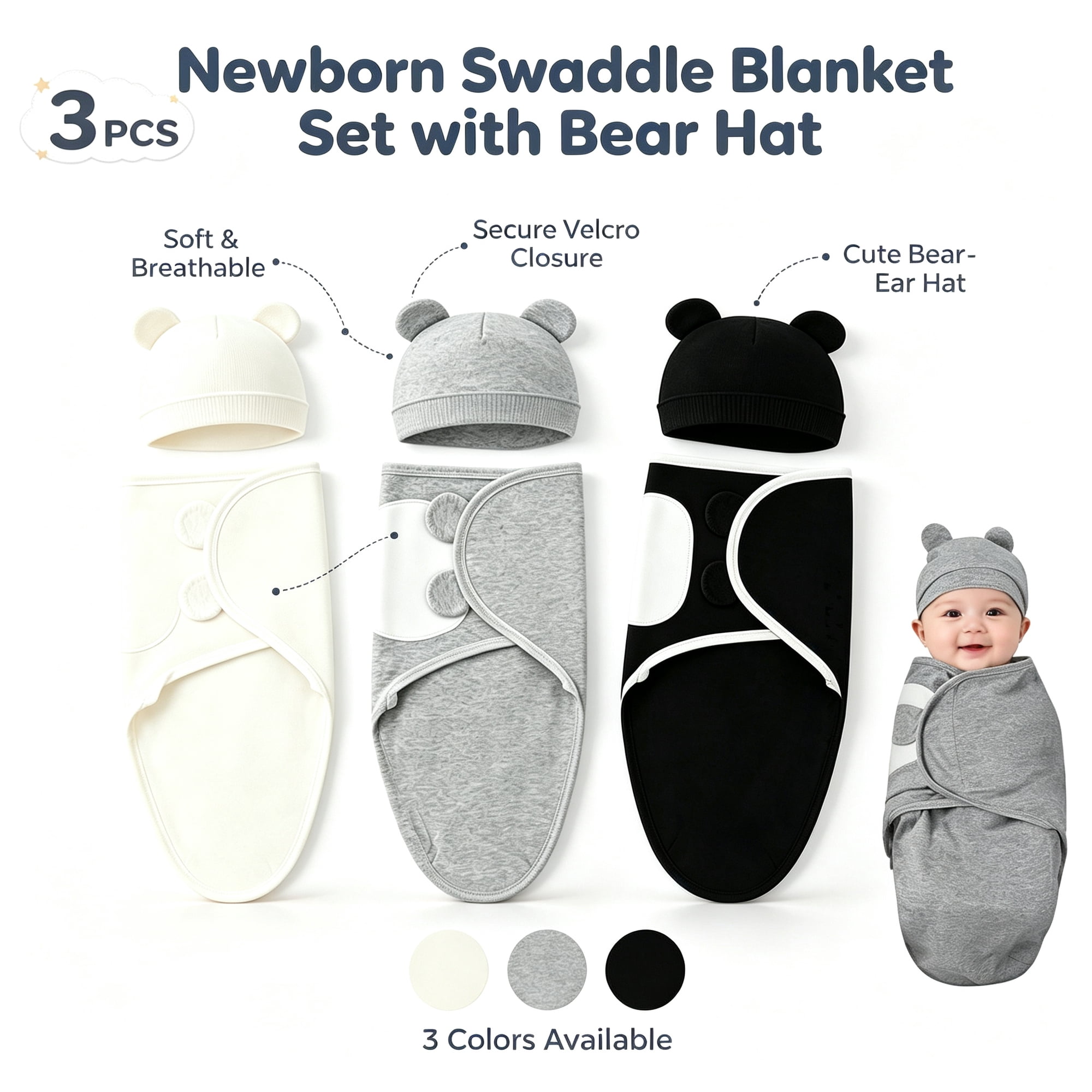 USIONE Baby Swaddle Sleep Sacks- 3-Pack Swaddles for Newborns 0-3 Months, Infant, Baby Girls, Boys, Soft & Durable Newborn Sleep Sack, Easy Diaper Change Swaddling Blanket