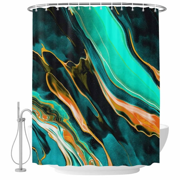 Dark Green Orange Marble Shower Curtain, Waterproof Shower Curtains for Bathroom, Modern Abstract Art Marbles Washable Fabric Bathtub Curtain Set Bath Decor with 12 Hooks Extra Long 72"x96"