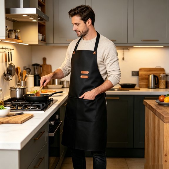 Kieccall Waterproof Oil Resistant PU Leather Apron For Home Kitchen Cooking Baking Gift