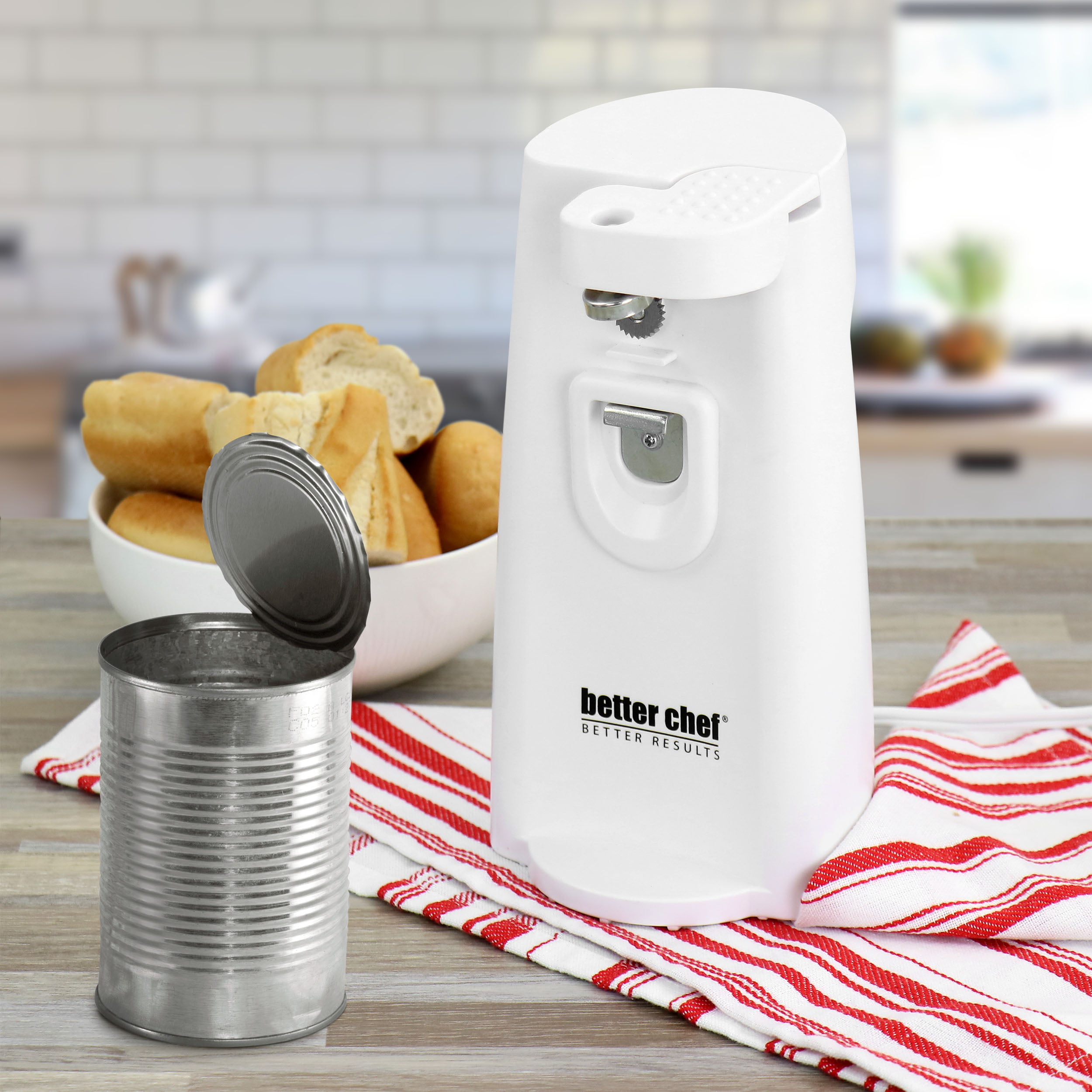 Better Chef Electric Tall Can Opener | 3-in-1 | Built in Knife Sharpener &  Bottle Opener | Cord Storage | Auto-Stop (White)