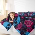 thumbnail image 3 of Castle Fairy Retro Gothic Skull 7-Piece Twin Bedding,Hot Pink Rose Skeleton Graphic Bedding Comforter Set,Light Blue Pink Black,Black Reversible, 3 of 7