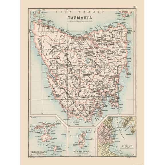Historic Map - Tasmania Australia - Bartholomew 1892 - Vintage Wall Art