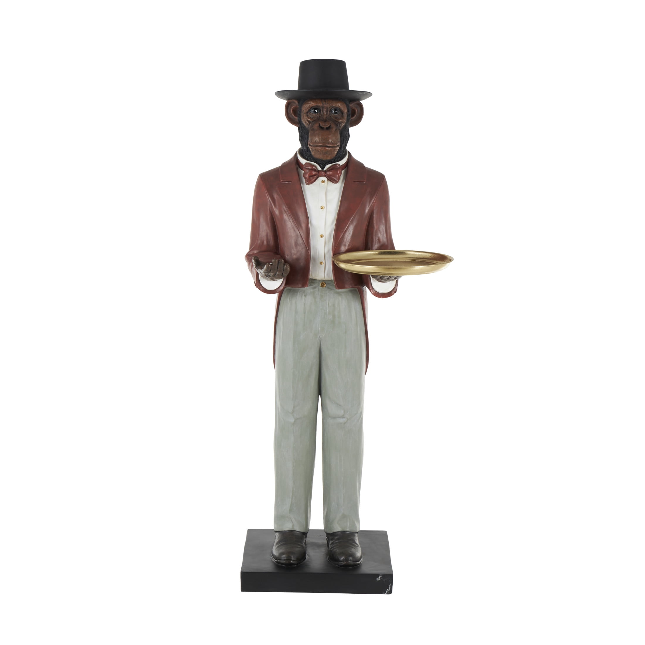 24" x 64" Red Resin Tall Waiter Monkey Sculpture with Gold Accent and Square Base, by DecMode