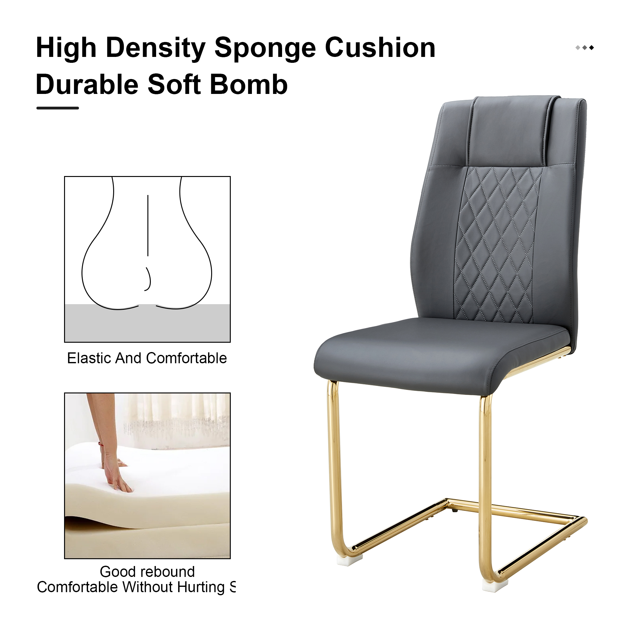 NYEESS Set of 4 Dark Gray Armless Dining Chairs with Waterproof Faux Leather Upholstered Seat Gold Electroplated Metal Frame for Kitchen Dining Room