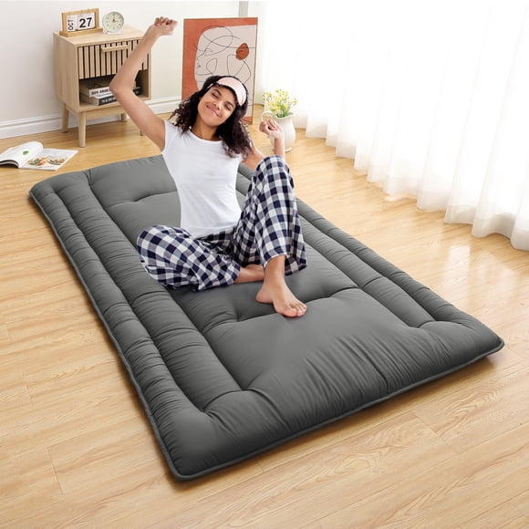 3-Layer collapsible Japanese Floor Futon Mattress - Tatami Sleeping Mat, Portable Roll Up Bed Pad for Kids, Adults, Camping, RV, Dorm, Guest Room - Dark Gray, TWIN (99×203cm) USA