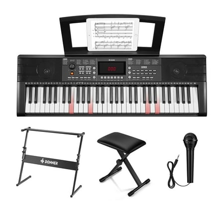 Donner DEK-300 61-Key LED Electronic Keyboard Piano with Interactive Light-Up Keys – All-in-One Bundle with Stand & Bench, 500 Timbres, 300 Rhythms, Teaching Mode for Beginners